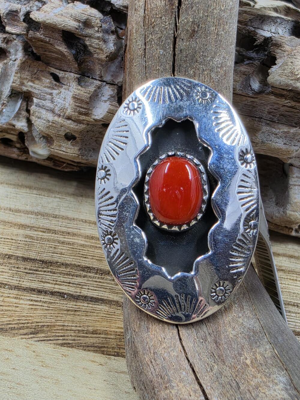 Southwestern Shadowbox Coral Sterling ring size 7.75
